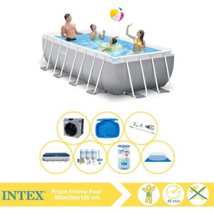 Intex Prism Frame Zwembad - Opzetzwembad - 400x200x100 cm - Inclusief Afdekzeil, Onderhoudspakket, Filter, Grondzeil, Stofzuiger, Voetenbad en Warmtepomp CP