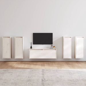The Living Store Wandkasten - Massief grenenhout - Set van 5 - Wit - TV-meubel- 100x30x35cm - Hangkast- 30x30x80cm
