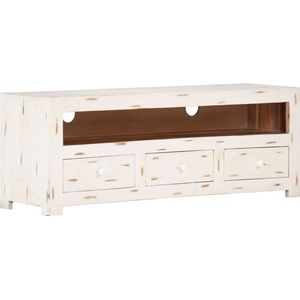 The Living Store Tv-meubel Acaciahout - 110x30x40 cm - 3 lades - Wit