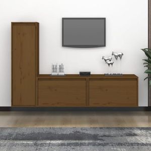 The Living Store TV-meubel Grenenhout - 2 stuks 60x30x35cm - 1 stuk 30x30x100cm - Honingbruin - Montage vereist