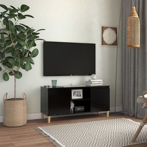 The Living Store Televisiemeubel - zwart - 103.5 x 35 x 50 cm - met 4 houten poten - 2 schappen en 2 vakken