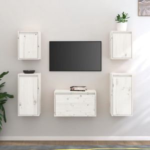 The Living Store TV-meubels - wit - massief grenenhout - set van 5 - 60 x 30 x 35 cm - klassiek design