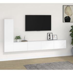 The Living Store Televisiemeubel Set - Wit - Bewerkt Hout - 2x 100x30x30cm + 1x 30.5x30x110cm