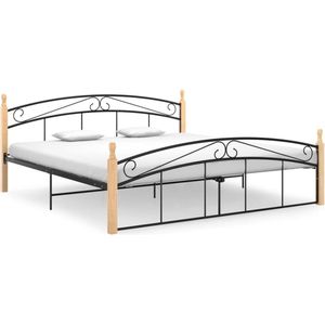 The Living Store Metalen Bedframe - Trendy - Bed - Afmetingen- 210 x 187 x 90 cm - Kleur- Zwart en lichthout - Materiaal- Gepoedercoat metaal en massief eikenhout - Ken- Matrassen niet inbegrepen