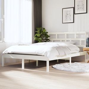 The Living Store Massivholzbett Weiß 135x190 cm - Holzbett - Doppelbett - Kiefernholzbett - Weißes Bett - Modernes Bett