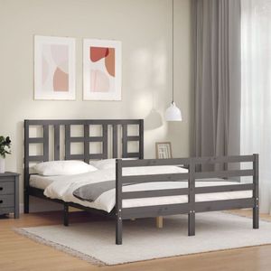 The Living Store Bedframe - Massief grenenhout - 195.5 x 145.5 x 100 cm - Multiplex lattenbodem - Grijs