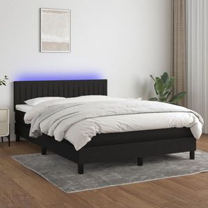 The Living Store Boxspring - Bedframe met verstelbaar hoofdbord - 203x144x78/88cm - LED-verlichting - Pocketvering matras - Huidvriendelijk topmatras - Kleur- zwart/wit