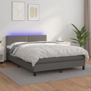 The Living Store Boxspring Bed Grijs Kunstleer 140x200 - LED - Pocketvering Matras - Boxspring Bed - Led Bed - Grijze Boxspring - Kunstleder Bed - 140x200 Bed