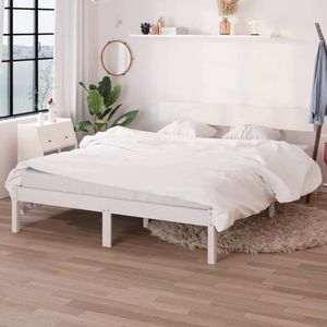 The Living Store Bedframe - Tweepersoons - 140x190 cm - Massief grenenhout | Wit | Hoofdeinde | Montage vereist