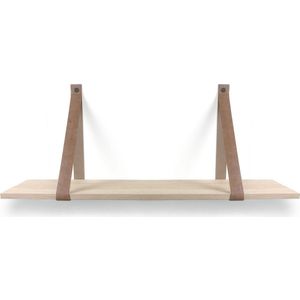 Eiken wandplank 18 mm recht 140 x 30 cm met leren riemen cognac - Eikenhouten wandplank - Eiken wandplank - Leren plankdragers - Fotoplank