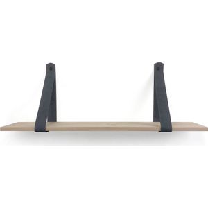 Eiken wandplank 18 mm 140 x 30 cm met leren riemen grijs - Eikenhouten wandplank - Wandplank hout - Leren plankdragers - Wandplank industrieel