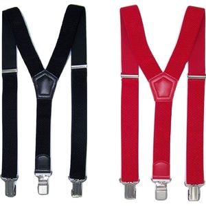 Zwarte en Rode Bretels met stevige sterke brede stalen clips Duo Pack