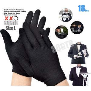 18Stuks/9Paar Zwarte Katoenen Handschoenen Arbeid Handschoenen Voor Sieraden Waardering Dunne Medium Cleaning Tuinieren Etiquette Levert - Handschoenen - Gloves Cotton - Maat L  ………..  SQGTR