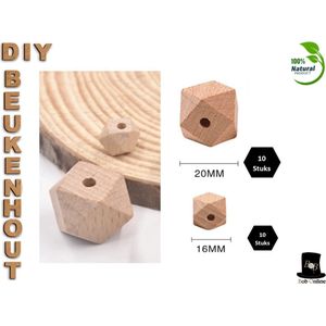 Bob Online ™ Mixed Setje - Houten Geometrische Kralen - 10 Stuks 20mm + 10 Stuks 16mm met ca. 4mm Gaatje - Blanco Houten Kralen Kubus - DIY Houten Hobby Kralen -Ambachtelijke Ketting, Armband - Beukenhout Kralen – 10 Pcs 20mm + 10 Pcs 16mm Geometric