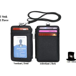 Bob Online ™ - Setje - Zwart - 1 x Verticale ID- Badgehouder + 1 x PU-leer Lanyard – Badgehouder met ritssluiting – 5 Kaartsleuven – 48 cm Lanyard – Multifunctioneel ID-Kaarthouder – 1 x Vertical PU Leather ID Badge Holder + 1 x PU Leather Lanyard
