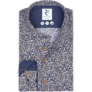 R2 Amsterdam - Overhemd Print Bloem Navy - Heren - Modern-fit