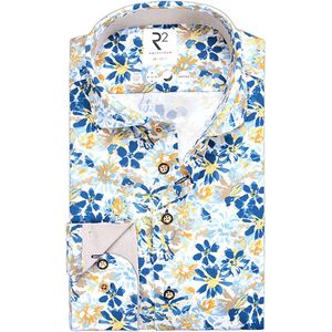 R2 Overhemd Knitted Bloemenprint Blauw - Maat 43 - Heren - Overhemden Casual