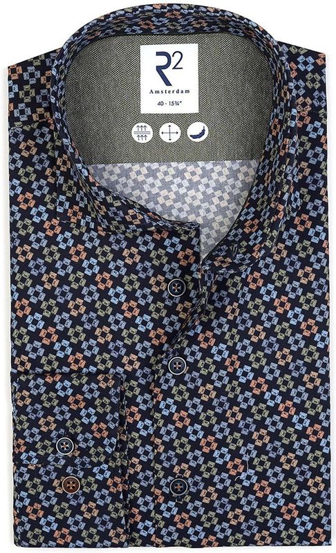 R2 - Overhemd - Donkerblauw - 100% Katoen - Slim Fit - Wide Spread Boord