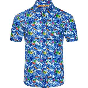 R2 Overhemd Korte Mouwen Print Blauw - Maat S - Heren - Overhemden Casual