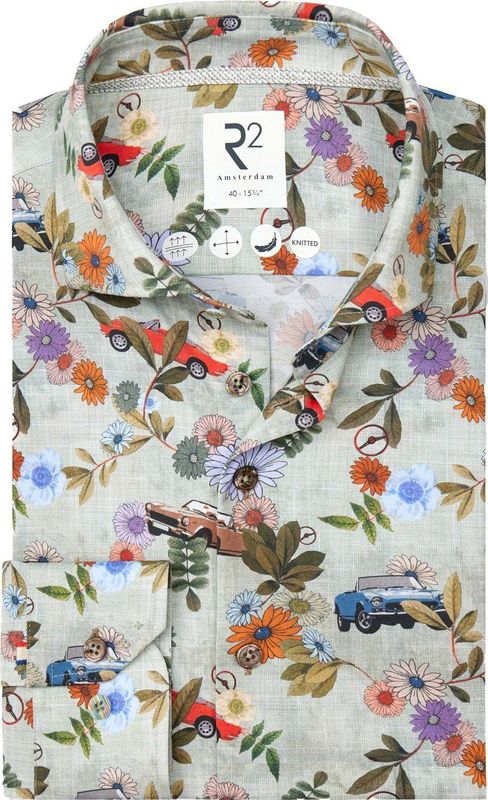 R2 Amsterdam - Overhemd - Zachtgroen - Katoen, Polyester - Italiaanse Auto- en Bloemenprint