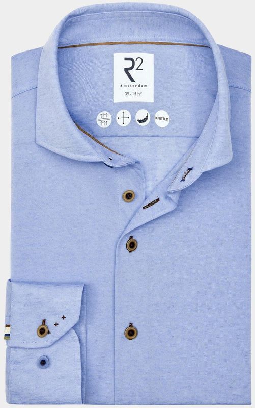 R2 - Gebreid Overhemd - Lichtblauw - 45% Polyester 44% Katoen 11% Linnen