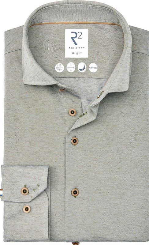 R2 Amsterdam Casual Hemd Lange Mouw - Groen Linen/Katoen