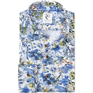 R2 Overhemd Linnen Blend Bloemenprint Blauw - Maat 38 - Heren