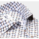 R2 - Overhemd - Wit Blauw Bruin Geprint - Katoen