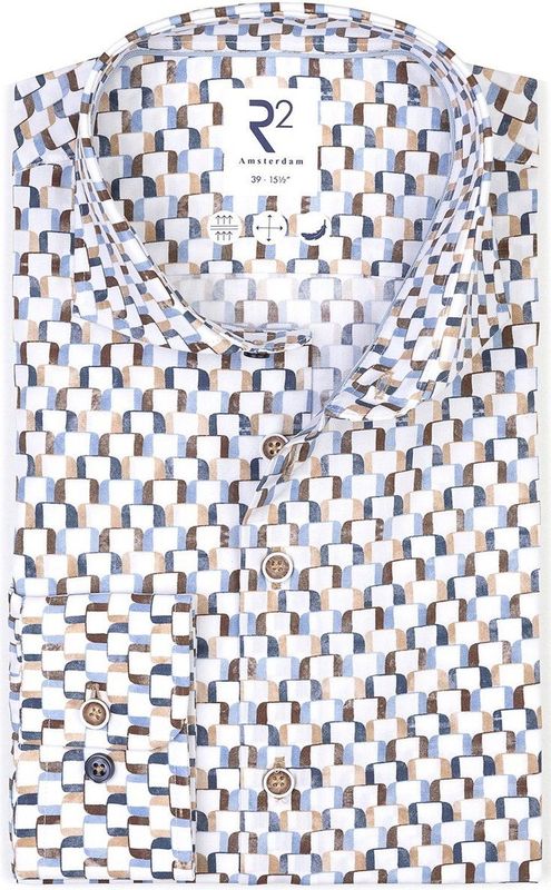 R2 - Overhemd - Wit Blauw Bruin Geprint - Katoen