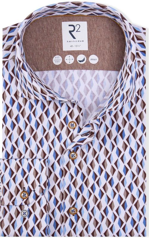 R2 - Overhemd Jersey Retro Print - Blauw - Beige - Heren Overhemd - Modern-fit - Lange Mouw