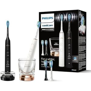 Philips Sonicare DiamondClean 9000 elektrische tandenborstel, twee sonische tandenborstels met app, druksensor, 4 poetsstanden, 3 intensiteitsniveaus, oplaadglas, zwart en roségoud, model HX9914/61