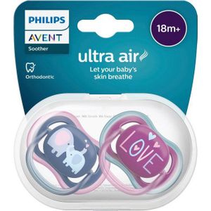 Philips Avent Ultra Air Fopspeen - Ouder dan 18 Maanden - 2 Speentjes - Donkerblauw/Paars Olifant/Love - SCF349/22