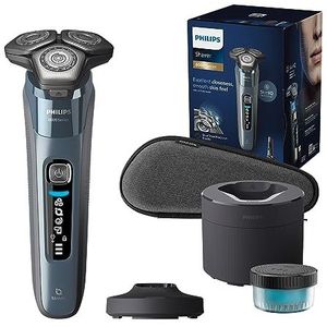 Philips Shaver Series 8000 – Elektrisch Wet & Dry scheerapparaat met SkinIQ-technologie in ijsblauw, uitklapbare trimmer, oplader, reisetui en Quick Clean Pod (model S8692/55)