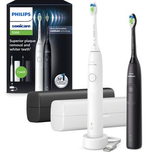 Philips Sonicare 5300 Series Elektrische Tandenborstels Wit & Zwart Duopack 2 reisetuis Wittere tanden HX71