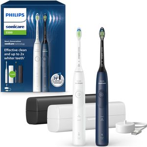 Philips Sonicare 5500 Series - Elektrische Tandenborstels - Wit & Blauw Duopack – 2 Reisetuis - Wittere tanden - HX7119/01