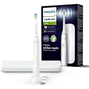 Philips Sonicare 4100 – Philips Sonicare elektrische tandenborstel voor volwassenen met 1 Philips W2 Optimal White Sonic-opzetborstel in wit, slank reisetui en USB-oplader (model HX3683/33)