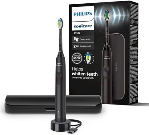 Philips Sonicare 4100 – Philips Sonicare elektrische tandenborstel voor volwassenen met 1 Philips W2 Optimal White Sonic-opzetborstel in zwart, slank reisetui en USB-oplader (model HX3683/54)