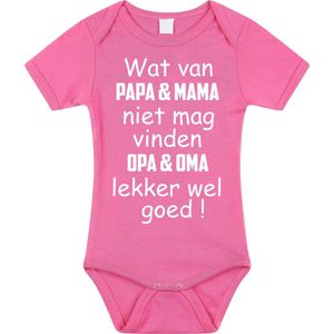 Baby rompertje met leuke tekst | wat van papa mama niet mag vinden opa en oma lekker wel goed |zwangerschap aankondiging | cadeau papa mama opa oma oom tante | kraamcadeau | Maat 80 roze