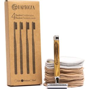 Bambooya Badkamer Starters Kit - Safety Razor + Tandenborstels + Wattenschijfjes - Voor Mannen en Vrouwen - Zero Waste Scheren - Bamboo Chrome