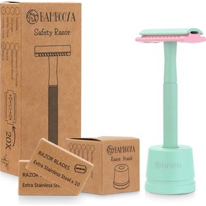 Safety Razor + Houder + 20 Scheermesjes Bamboe Milieuvriendelijk Set - Minty Pink