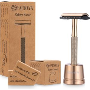 Safety Razor + Houder + 20 Scheermesjes Bamboe Milieuvriendelijke Set - Gold