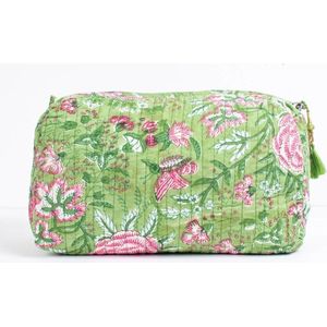 Bambooya toilettas - Bohemian - Ibiza Style - Made in India - Tassel - groen/roze bloemen - Medium ( 21 x 17 x 9 cm)