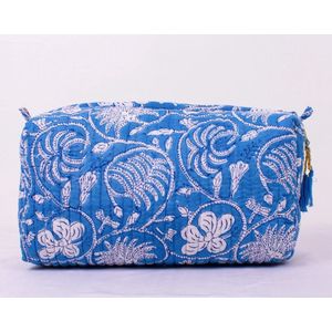 Bambooya Make-up tas - Bohemian - Ibiza Style - Made in India - Tassel - Blauw/wit bloemen - Small ( 17 x 12 x 7 cm)