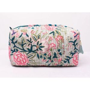 Bambooya make-up tas - Bohemian - Ibiza Style - Made in India - Tassel - Groen/blauw/roze bloemen - Small ( 17 x 12 x 7 cm )