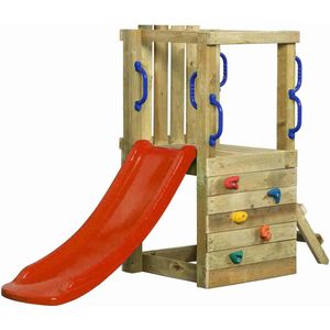 Holzspielgerät Irma Small mit roter Rutsche.