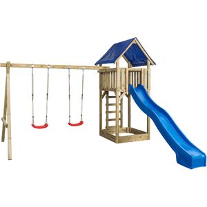 Houten Speeltoestel Jonas (SwingKing) | Speeltoren met Glijbaan, Dubbele Schommel en Zandbak | Voor Buiten in de Tuin | FSC Hout - Glijbaan Blauw