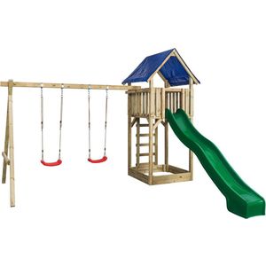 Houten Speeltoestel Jonas (SwingKing) | Speeltoren met Glijbaan, Dubbele Schommel en Zandbak | Voor Buiten in de Tuin | FSC Hout - Glijbaan Groen