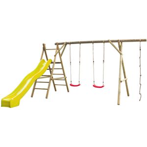 Swingking Houten Schommel Noortje | Schommelset met Glijbaan, Dubbele Schommel en Klimtouw | Schommel voor Buiten in de Tuin | FSC Hout - Glijbaan Geel