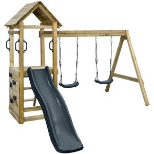 SwingKing Houten Speeltoestel Maria | Speeltoren met Glijbaan 175cm en Dubbele Schommel | FSC Hout - Glijbaan Antraciet