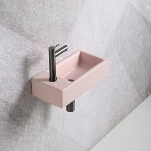 Fonteinset Mia 40.5x20x10.5cm mat roze links inclusief fontein kraan, sifon en afvoerplug gun metal